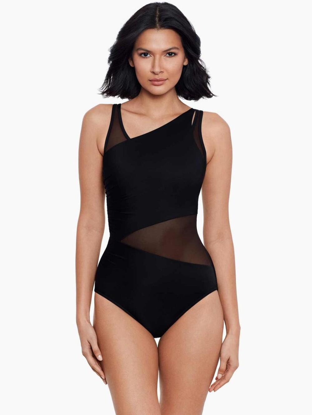Miraclesuit Azura One Piece Swimsuit Womens Plus Size 16 Black Mesh Asymmetric